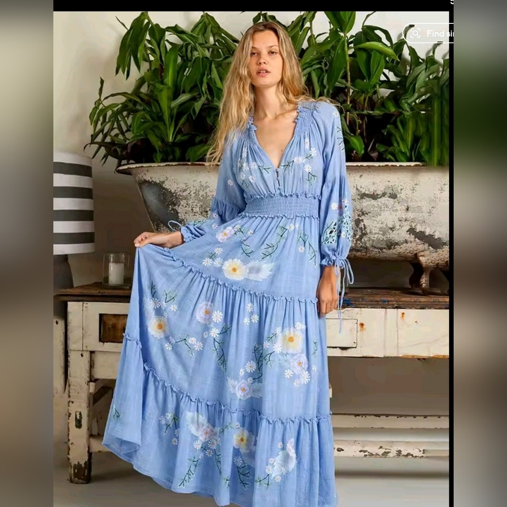 Chic Blue Floral Long Sleeve Dress - Picture 5 of 16